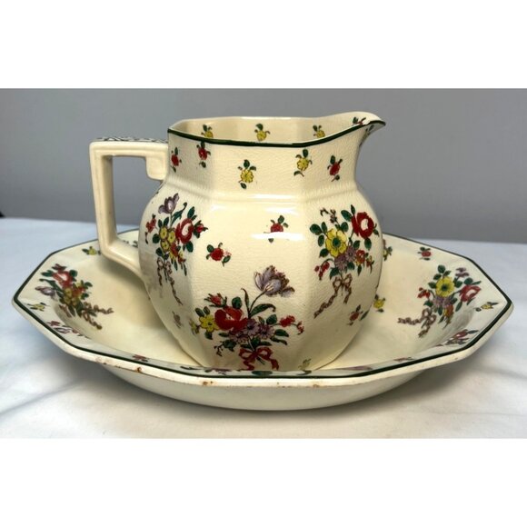 VintageOld Leeds Sprays Royal Doulton Floral Ceramic Pitcher & Bowl Set With Han - Picture 1 of 7